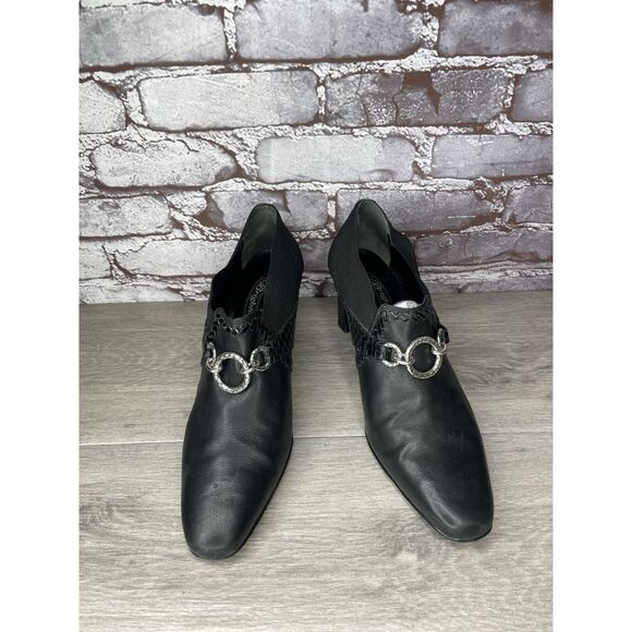 Brighton Rizzo Black Leather Silver Elastic Heel Ankle Booties Women 10M US/41EU - Picture 11 of 16